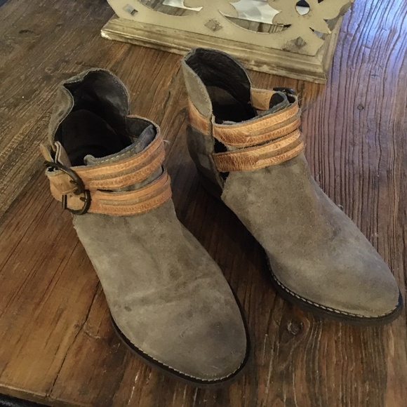Gray and Brown Ankle Booties Boots w/ Buckles - Picture 1 of 5